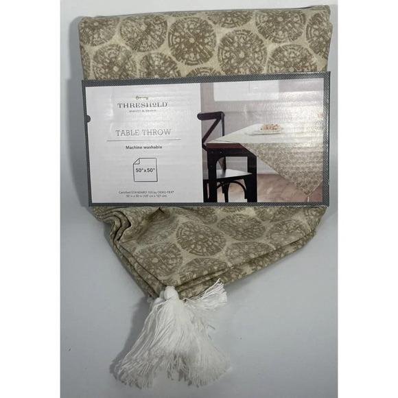 Threshold Brown Circles White Tassels Table Throw Linen Cotton 50" x 50" NWT‎ - Picture 1 of 2